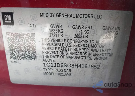 2017 Chevrolet Sonic Lt Auto from USA, damaged, VIN 1G1JD6SG8H4161652